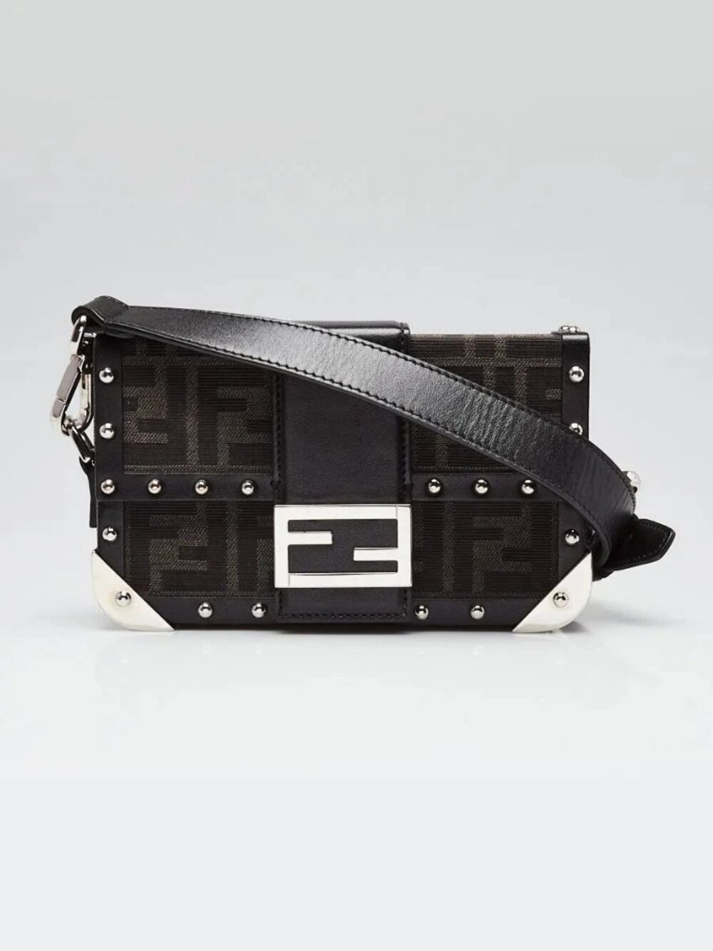 Fendi Black Studded Zucca Canvas Soft Trunk Baguette Bag - 7VA507